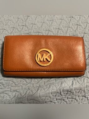 Michael Kors Orange Leather Trifold Key & Card Holder with Gold MK Logo